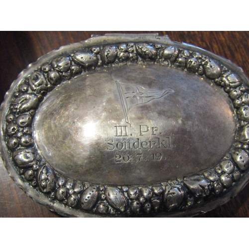 796 - German Silver Antique Desk Box Oval Form Embossed Decoration En graved with Ensign Hinged Cover Appr... 