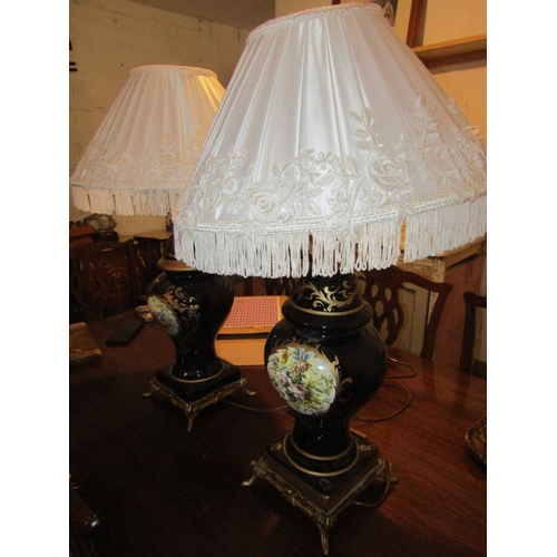 800 - Pair of French Porcelain Ormolu Mounted Shaped Form Table Lamps Each Electrified Working Order with ... 