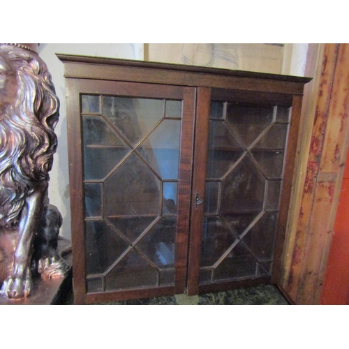 814 - Antique Mahogany Astral Glazed Twin Door Bookcase Top Three Shelves Contained Within Key Present App... 