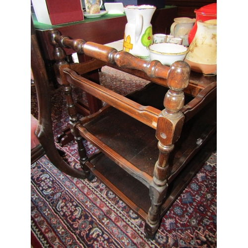 819 - Edwardian Hostess Trolley Burr Walnut Three Tier Barrel Caster Supports