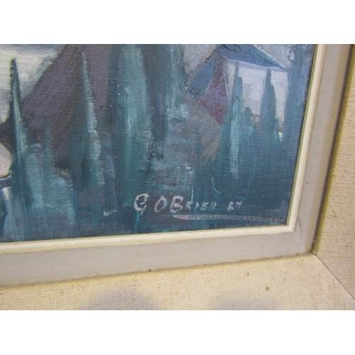 824 - Gretta O'Brien Irish School Town Scene with Church Dated 1966 Signed Lower Right Oil on Canvas Appro... 