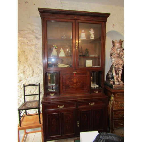 827 - Antique Rosewood Marquetry Decorated Twin Door Side Cabinet with Writing Secretaire Drawer Fitted Ap... 