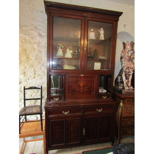 827 - Antique Rosewood Marquetry Decorated Twin Door Side Cabinet with Writing Secretaire Drawer Fitted Ap... 