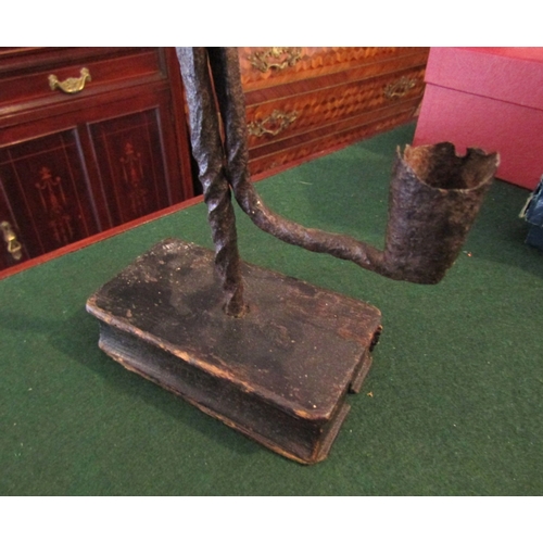 846 - Old Irish Bog Rush Light Holder with Pinchers Mounted on Old Pine Approximately 9 Inches High Ancien... 