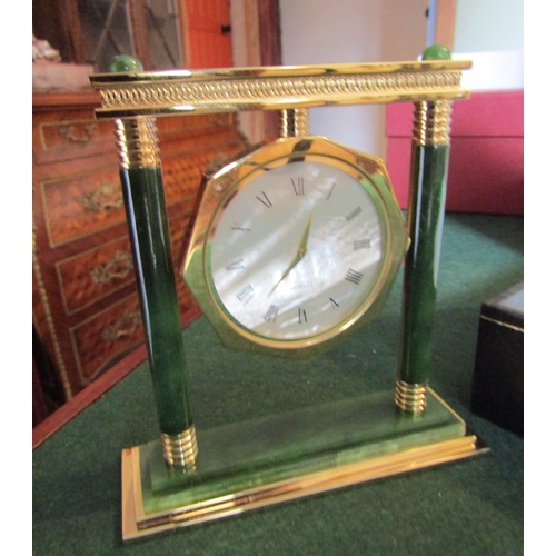 849 - Mother of Pearl Dial Ormolu Mounted Carved Jade Upright Table Clock with Original Presentation Box P... 