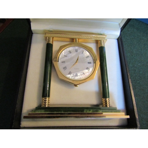 849 - Mother of Pearl Dial Ormolu Mounted Carved Jade Upright Table Clock with Original Presentation Box P... 