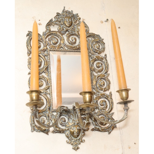 861 - Victorian Ormolu Three Sconce Wall Mirror with Upper Mask Motif Decoration Approximately 14 Inches H... 