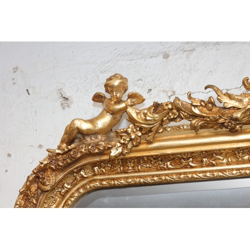 868 - Gilded Wall Mirror Rectangular Form with Upper Chirrup Motif Decoration Approximately 4ft Wide x 32 ... 