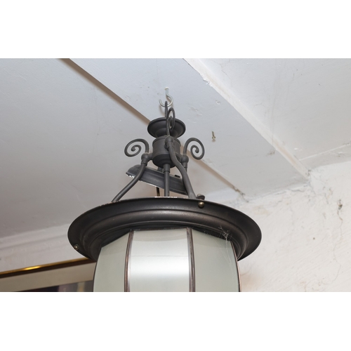 869 - Wrought Metal Ceiling Lantern Inset Glass Panels Electrified Working Order Lantern Approximately 16 ... 