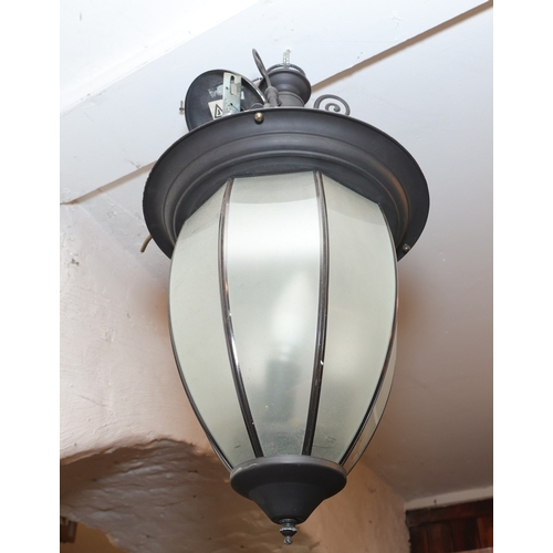 869 - Wrought Metal Ceiling Lantern Inset Glass Panels Electrified Working Order Lantern Approximately 16 ... 