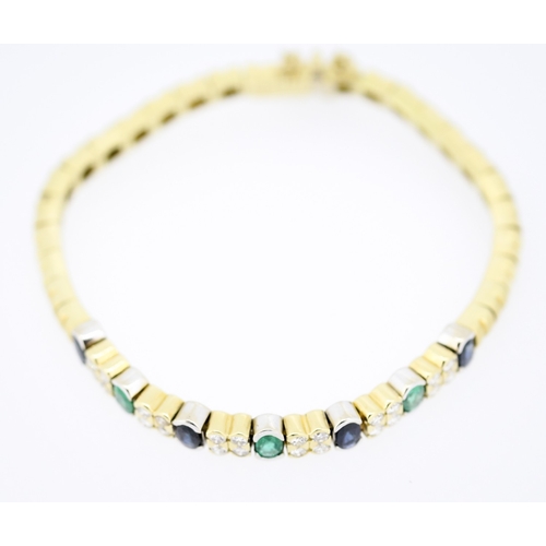 87 - Finely Detailed Emerald Sapphire and Diamond Set Bracelet Mounted in 18 Carat Yellow Gold 17cm Long