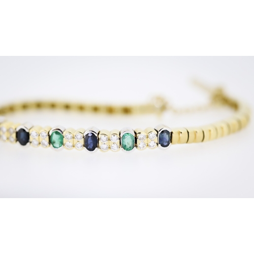 87 - Finely Detailed Emerald Sapphire and Diamond Set Bracelet Mounted in 18 Carat Yellow Gold 17cm Long