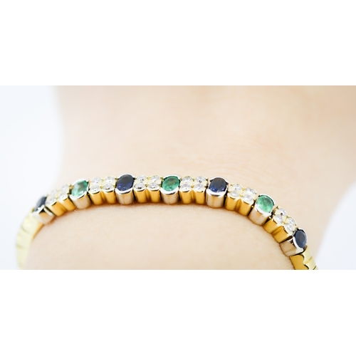 87 - Finely Detailed Emerald Sapphire and Diamond Set Bracelet Mounted in 18 Carat Yellow Gold 17cm Long