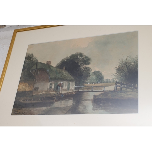 871 - River Scene with Cottage and Figure Trees Beyond Water Colour Signed Indistinctly Approximately 15 I... 