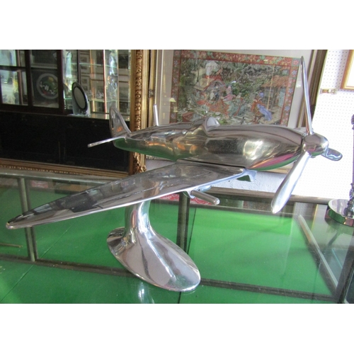 876 - Chrome Plated Table Sculpture Spitfire Aeroplane in Flight Approximately 20 Inches Wide x 16 Inches ... 