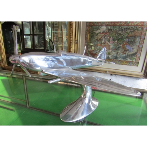 876 - Chrome Plated Table Sculpture Spitfire Aeroplane in Flight Approximately 20 Inches Wide x 16 Inches ... 