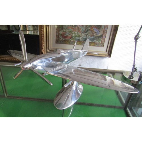 876 - Chrome Plated Table Sculpture Spitfire Aeroplane in Flight Approximately 20 Inches Wide x 16 Inches ... 