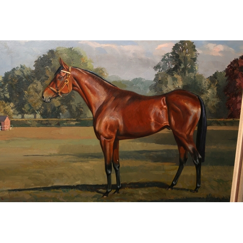 881 - Joan Sleigh Portrait of a Racehorse Contained Within Parkland Setting Oil on Board Approximately 20 ... 