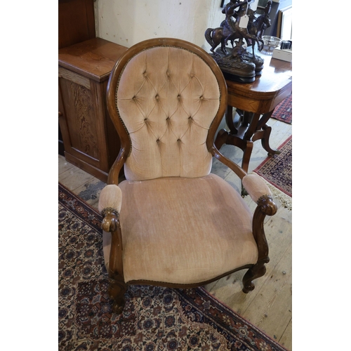 886 - Mahogany Framed Drawing Room Armchair Deep Buttoned Upholstered Back Above Cabriole Supports