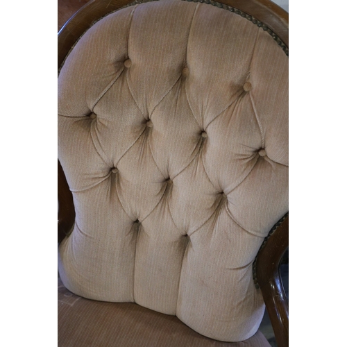 886 - Mahogany Framed Drawing Room Armchair Deep Buttoned Upholstered Back Above Cabriole Supports