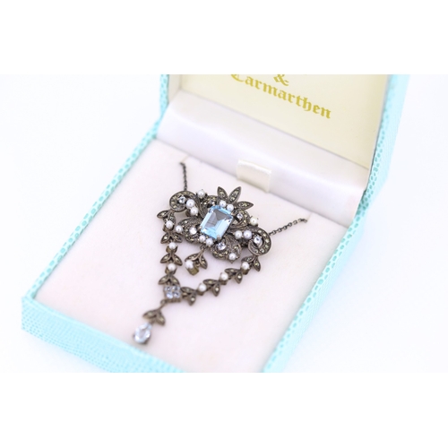 90 - Finely Detailed Aquamarine Seed Pearl and Marcasite Set Pendant or Brooch Mounted in Silver 5cm Drop... 