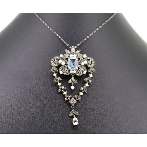 90 - Finely Detailed Aquamarine Seed Pearl and Marcasite Set Pendant or Brooch Mounted in Silver 5cm Drop... 