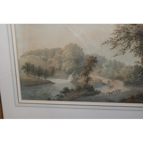 901 - Early Victorian School Watercolour Riverscene with Horses and Carriage Watermill Beyond Indistinctly... 