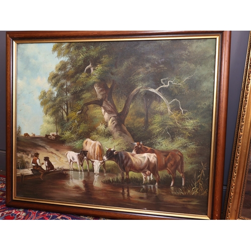 903 - Two Oil Paintings Cattle by Stream and Windmill Oil on Canvas Largest Approximately 20 Inches High x... 