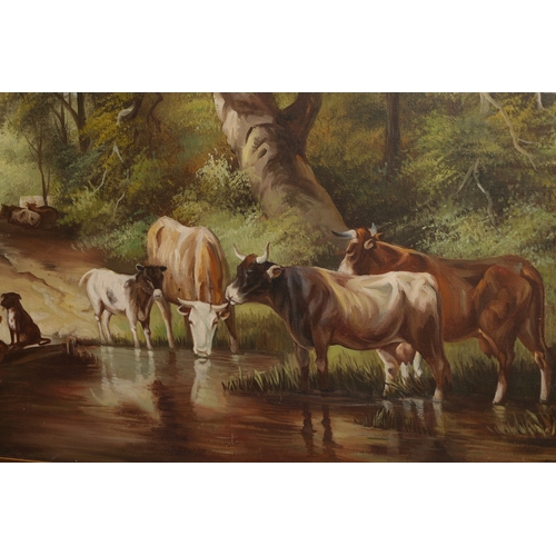 903 - Two Oil Paintings Cattle by Stream and Windmill Oil on Canvas Largest Approximately 20 Inches High x... 