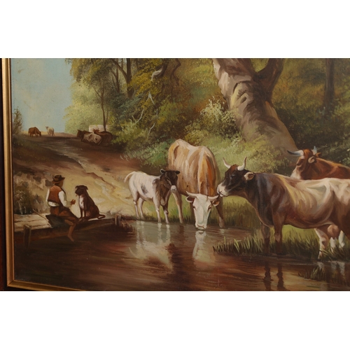 903 - Two Oil Paintings Cattle by Stream and Windmill Oil on Canvas Largest Approximately 20 Inches High x... 