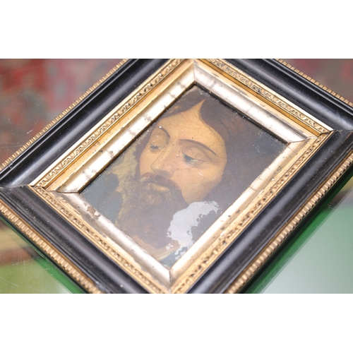 906 - Early Portrait of Christ Reverse Painted on Glass Approximately 4 Inches High x 3 Inches Wide