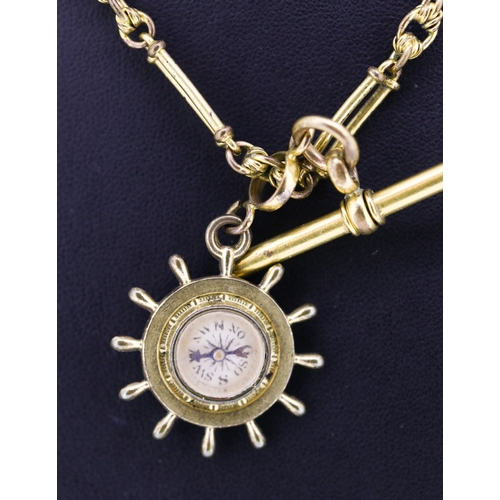 91 - Rolled Gold T-Bar Watch Chain Necklace with Compass Pendant 40cm Long