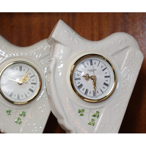 910 - Pair of Donegal Parian China Harp Motif Table Clocks Shamrock Decoration Each Approximately 10 Inche... 