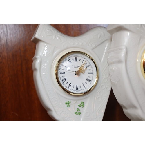 910 - Pair of Donegal Parian China Harp Motif Table Clocks Shamrock Decoration Each Approximately 10 Inche... 