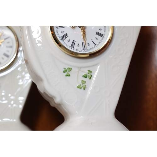 910 - Pair of Donegal Parian China Harp Motif Table Clocks Shamrock Decoration Each Approximately 10 Inche... 