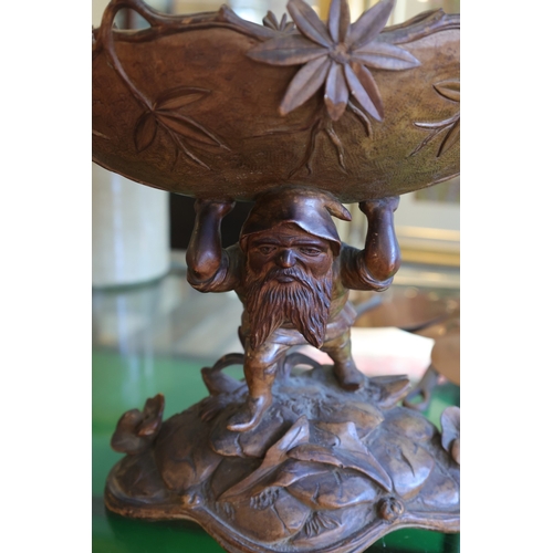 921 - Antique Finely Carved Wood Table Fruit Bowl Figural Gnome Carved Supports Attractively Detailed Thro... 