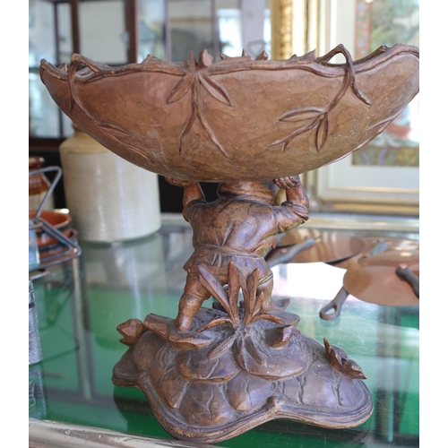 921 - Antique Finely Carved Wood Table Fruit Bowl Figural Gnome Carved Supports Attractively Detailed Thro... 