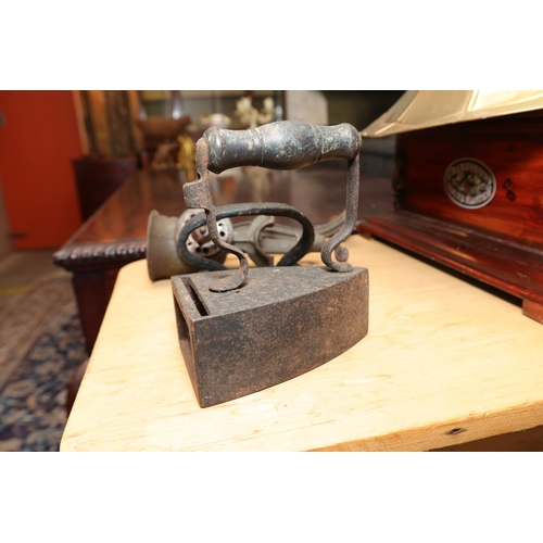 923 - Counter Mounted Meat Grinder with Two Old Cast Irons Three Pieces in Lot