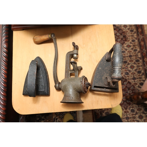 923 - Counter Mounted Meat Grinder with Two Old Cast Irons Three Pieces in Lot