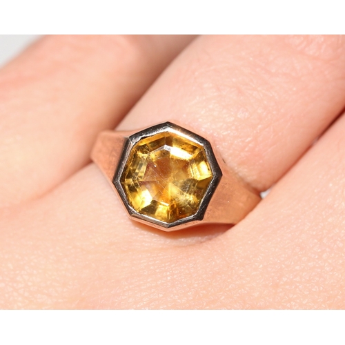 94 - Bezel Set Citrine Single Stone Octagon Form Ring Mounted in 9 Carat Rose Gold Ring Size R