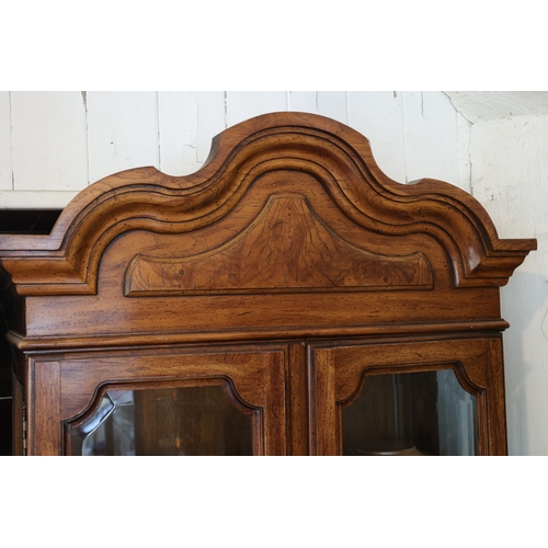 943 - Walnut Two Door Display Cabinet Cupboard Base Below Shaped Pediment Interior Lighting Three Glass Sh... 