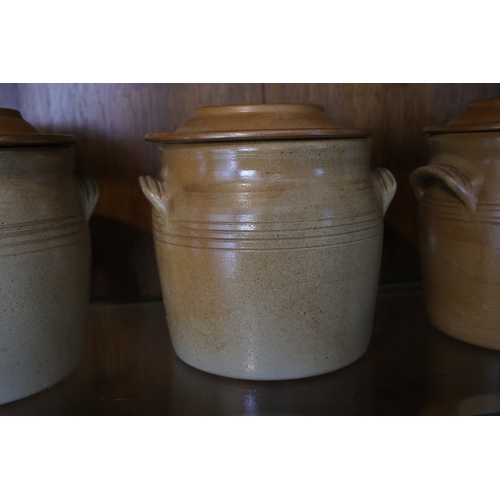 944 - Set of Six Antique Fired Earthenware Kitchen Storage Jars Each with Original Cover Good Original Con... 