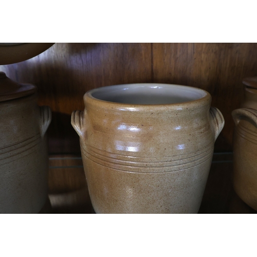 944 - Set of Six Antique Fired Earthenware Kitchen Storage Jars Each with Original Cover Good Original Con... 