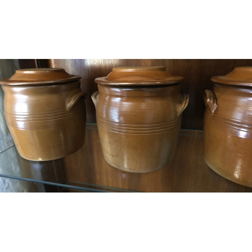 944 - Set of Six Antique Fired Earthenware Kitchen Storage Jars Each with Original Cover Good Original Con... 