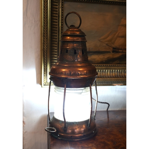 966 - Old Copper Bound Ships Lantern Now Electrified Used as Table Lamp Working Order Approximately 10 Inc... 