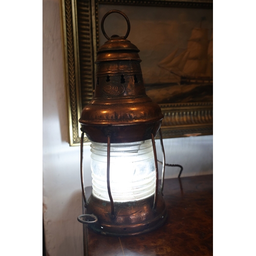 966 - Old Copper Bound Ships Lantern Now Electrified Used as Table Lamp Working Order Approximately 10 Inc... 