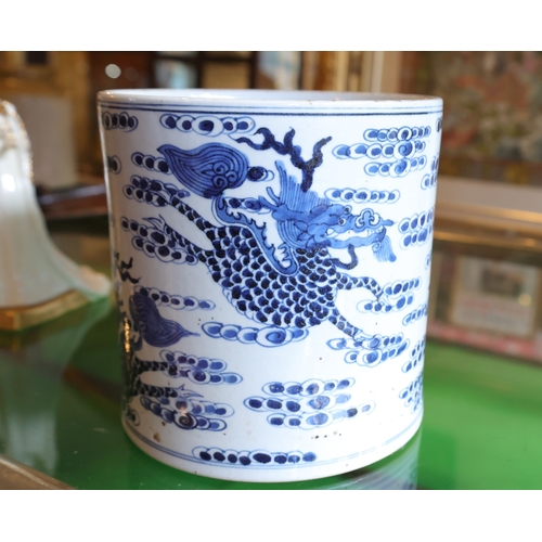 970 - Large Eastern Blue and White Dragon Motif Decorated Brush Pot of Large Size Approximately 6 Inches D... 