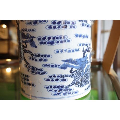 970 - Large Eastern Blue and White Dragon Motif Decorated Brush Pot of Large Size Approximately 6 Inches D... 