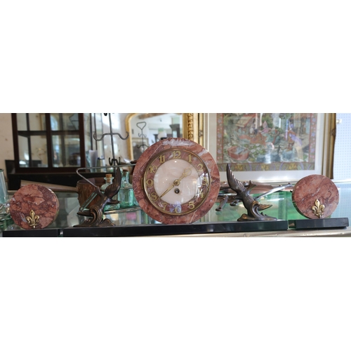 972 - Art Deco Three Piece Rouge Marble Set Ormolu Mounts Albatross Side Motif Decoration Clock Approximat... 