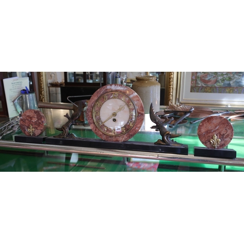 972 - Art Deco Three Piece Rouge Marble Set Ormolu Mounts Albatross Side Motif Decoration Clock Approximat... 